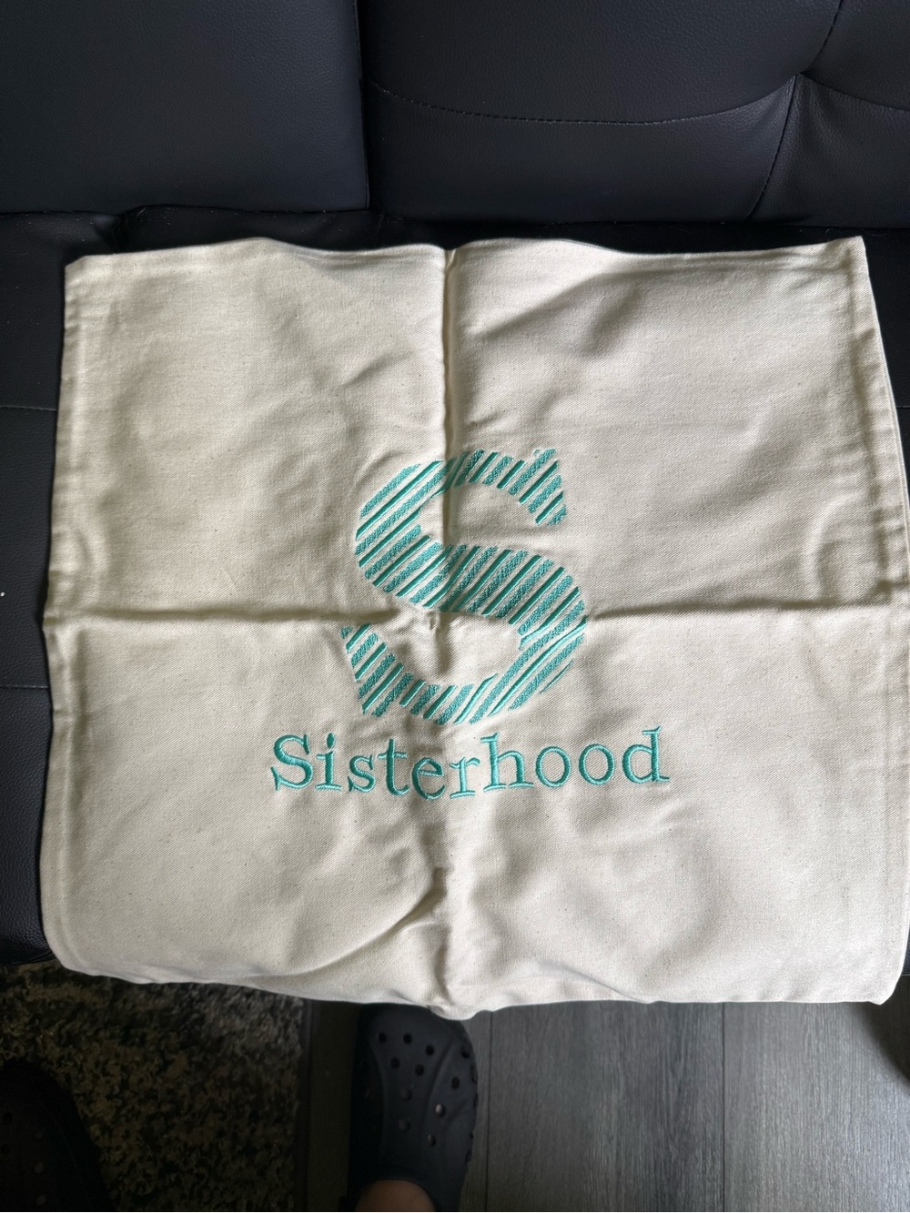 Sisterhood Embroidered Canvas Pillow Cover - Teal Accent